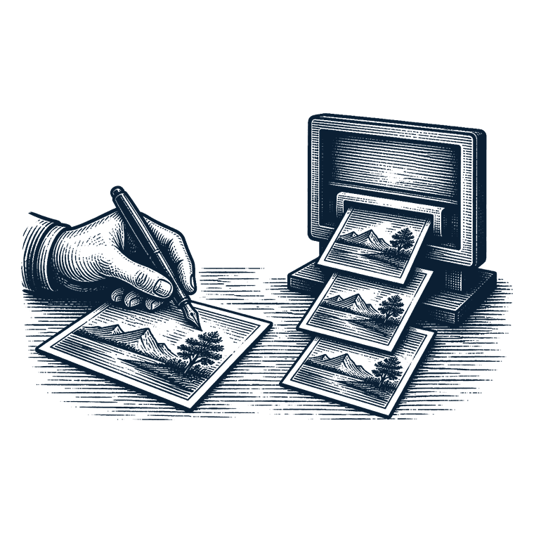 Woodcut illustration of a hand drawing one image beside a computer producing several similar images