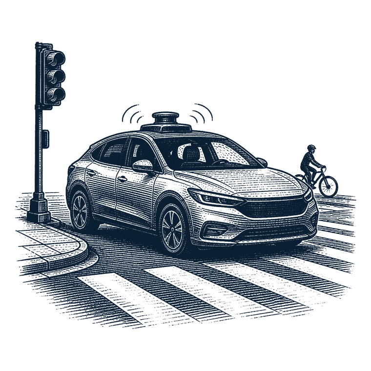 Woodcut illustration of a driverless car crossing an urban intersection near a cyclist
