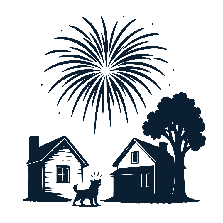 Woodcut illustration of fireworks bursting above neighborhood homes and a startled dog