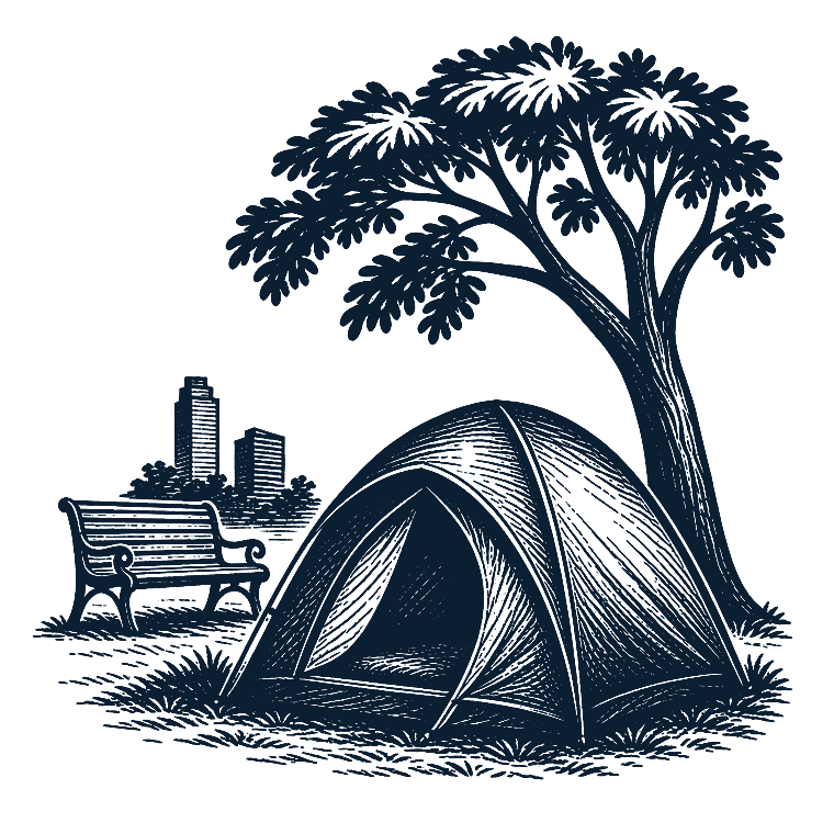 Woodcut illustration of a tent beneath a tree in a public park, with a bench and distant city buildings