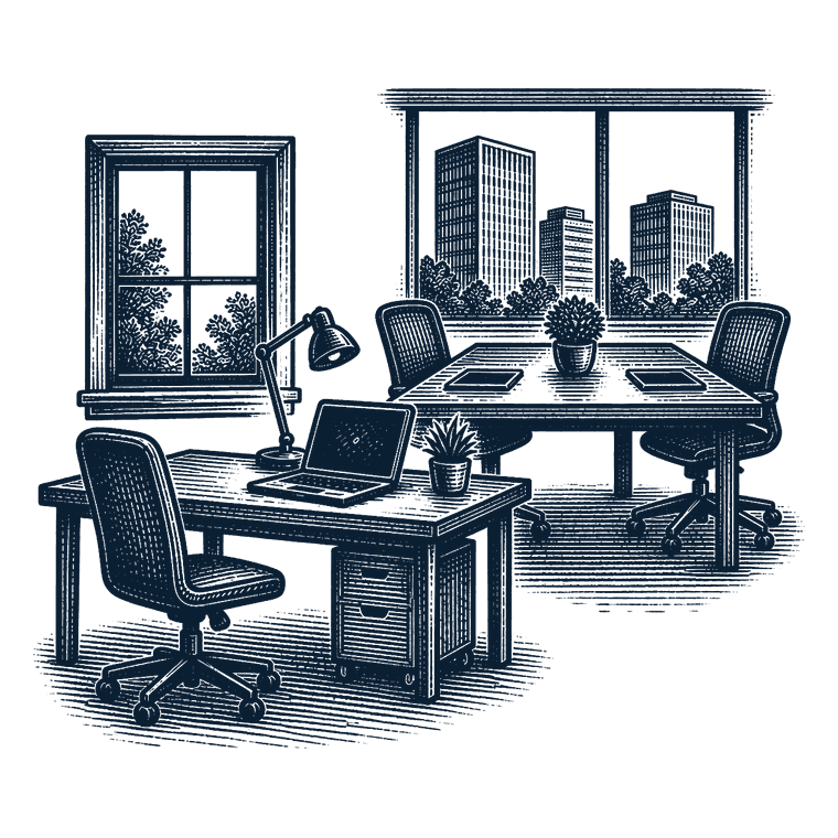 Woodcut illustration comparing a home workspace with a shared office meeting table