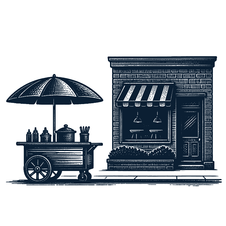 Woodcut illustration of a street-food cart and umbrella beside a neighborhood restaurant storefront